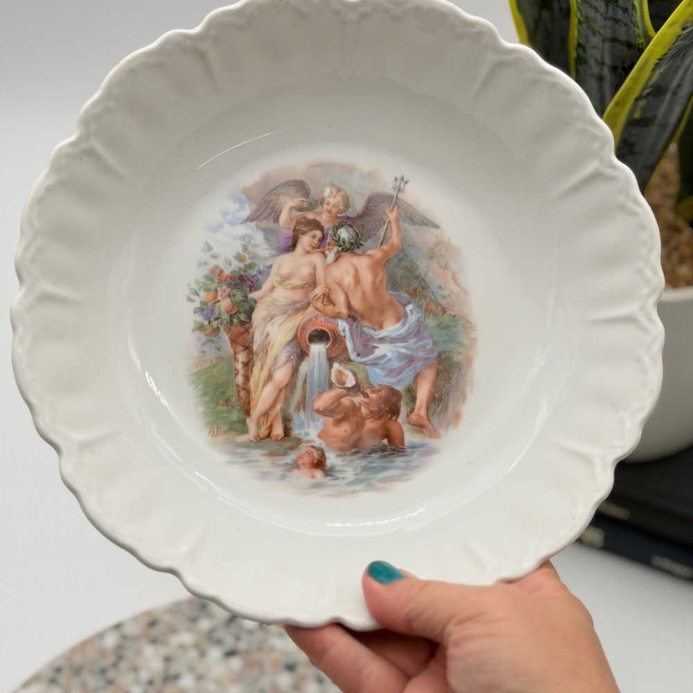 Vintage Royal Bavaria PMB Germany Mythological Scalloped Porcelain Cabinet Bowl